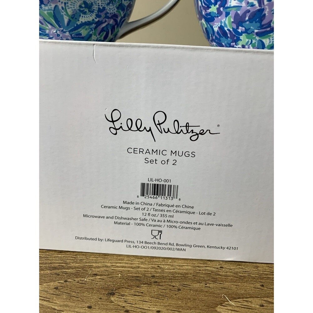 Lilly Pulitzer Ceramic Coffee Tea Cup Mug Set of 2 Blue White Tiger Lily Floral - Picture 2 of 10